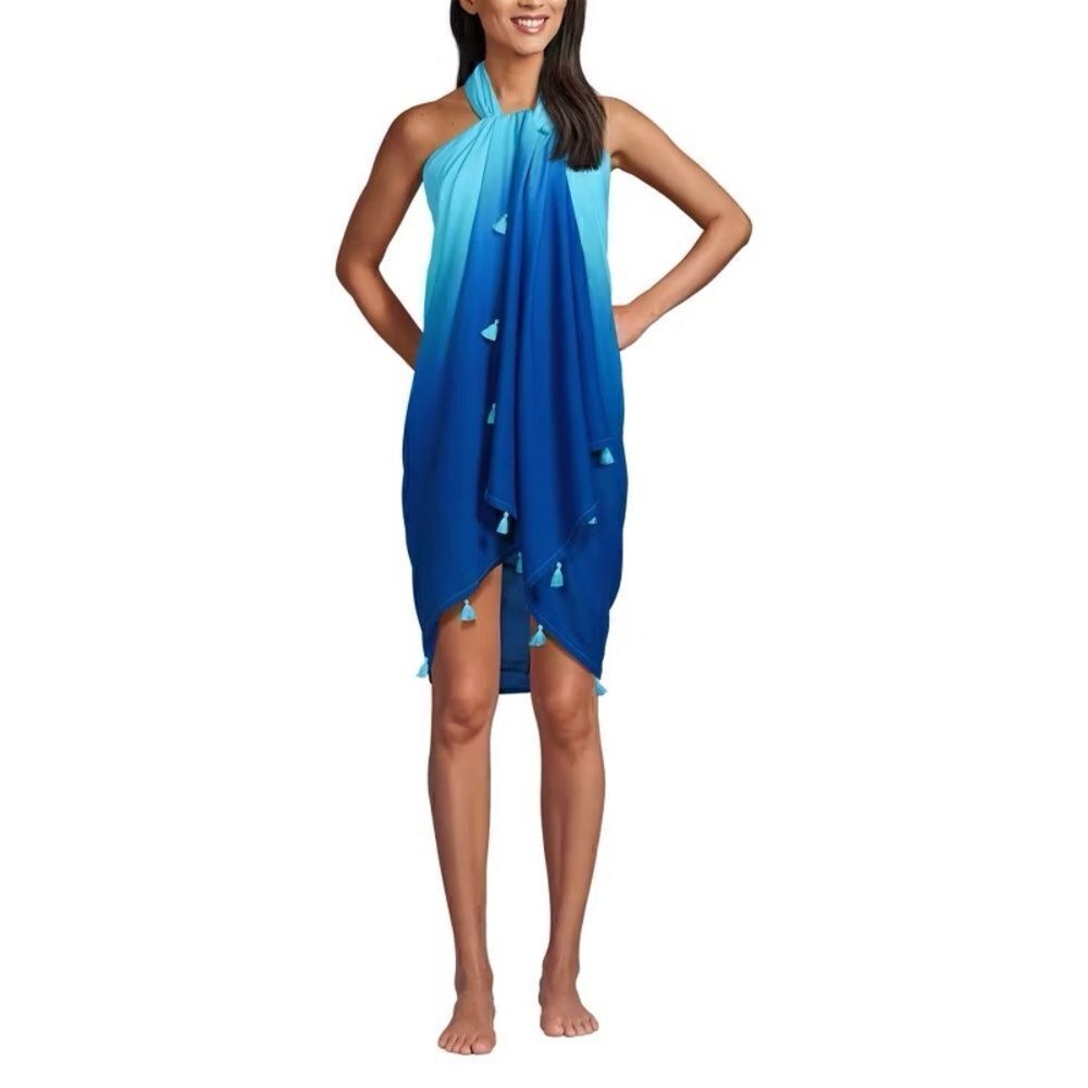 Land’s End bathing suit cover up Scarf Shawl blue Ombré cotton tassels 48 x72